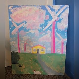 Painting Wall Art 16" X 20" Canvas House Wind Turbines Mailbox Clouds Driveway